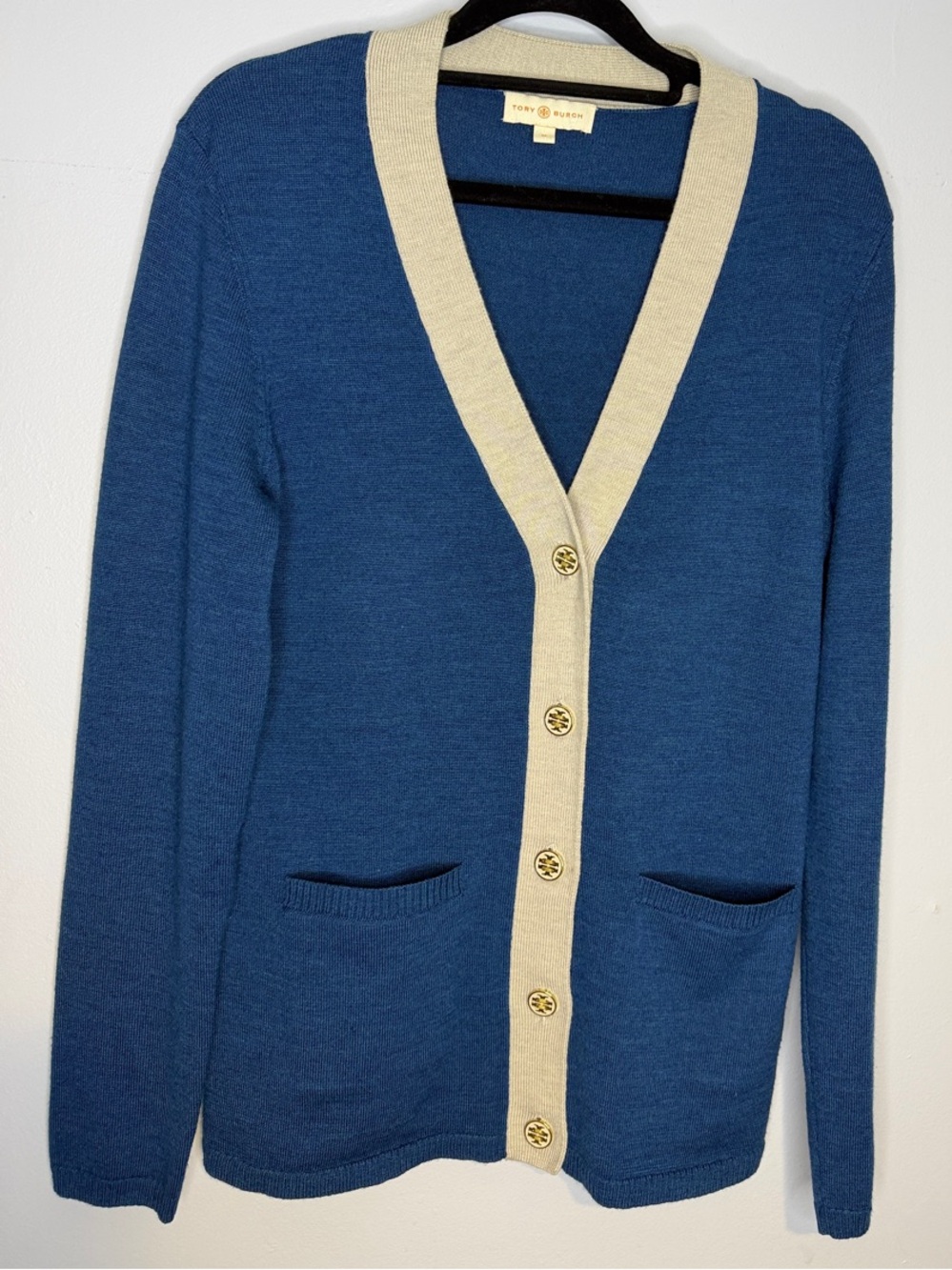 Tory Burch Blue Cardigan with Cream Trim